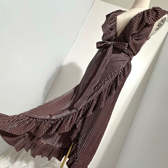 MISA Stripe Velvet Ruffle Wrap Midi ‘EVE’ Dress M Plunged V Neck Fairy Romantic - Picture 8 of 14